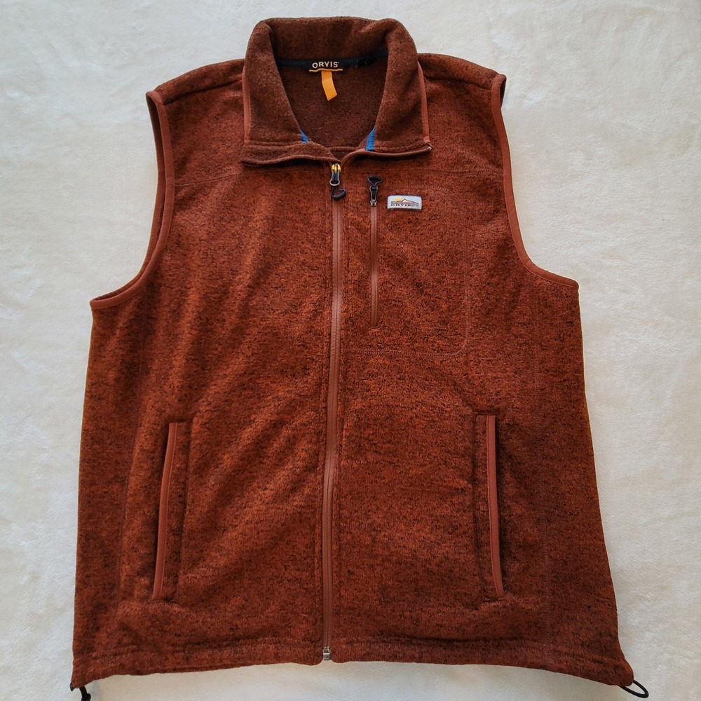 Orvis Sweater Fleece Vest Mens XL Burnt Orange Full Zip Outdoor Heathered Pocket